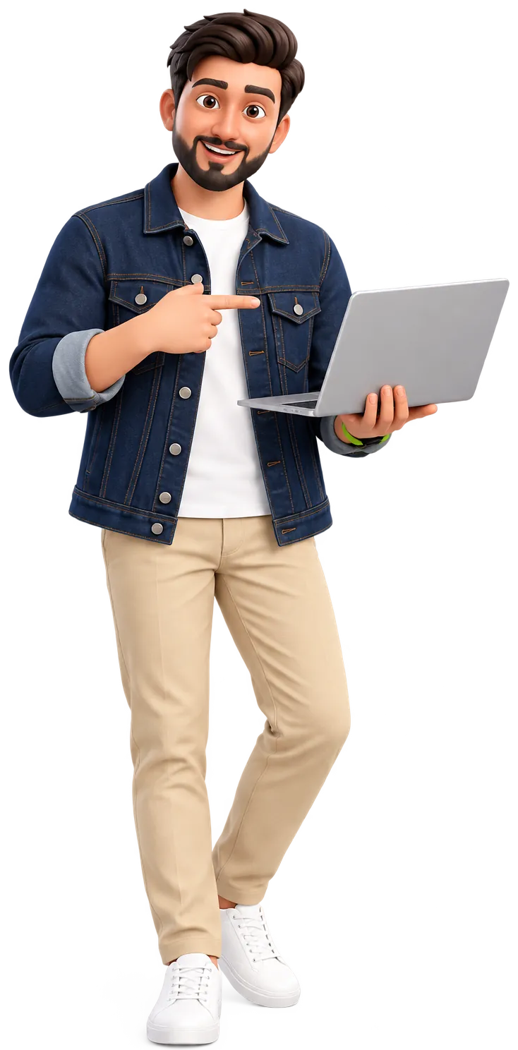 Haris Ali, founder of Zenvy, as a 3D character in a denim jacket, holding a laptop and pointing