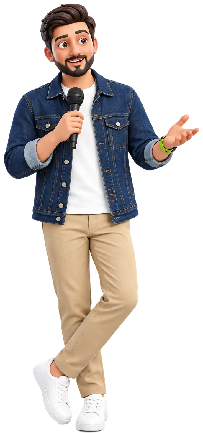Haris Ali as a 3D character in a denim jacket, speaking into a microphone