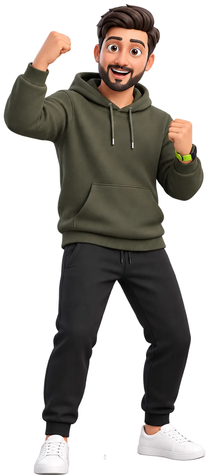 Haris Ali as a 3D character in a hoodie, celebrating