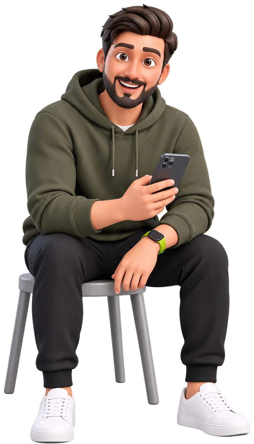 Haris Ali as a 3D character in a hoodie, sitting and checking his phone