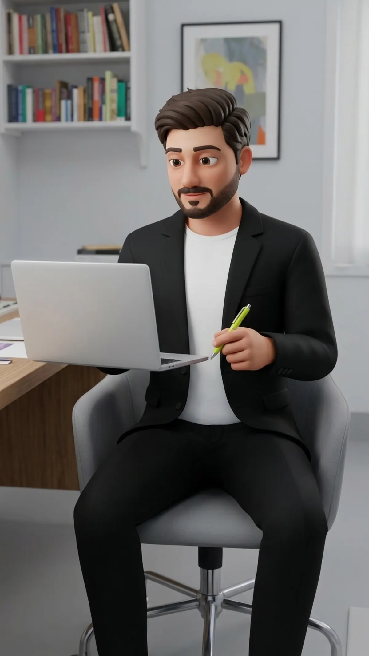 Haris Ali as a 3D character working on a laptop in the Zenvy studio