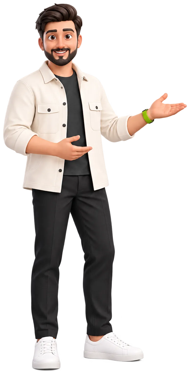 Haris Ali as a 3D character in an overshirt, presenting with open hands