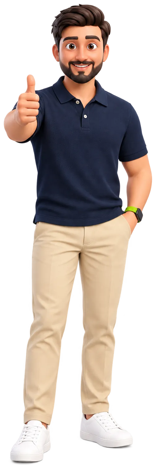 Haris Ali as a 3D character in a polo shirt, giving a thumbs up