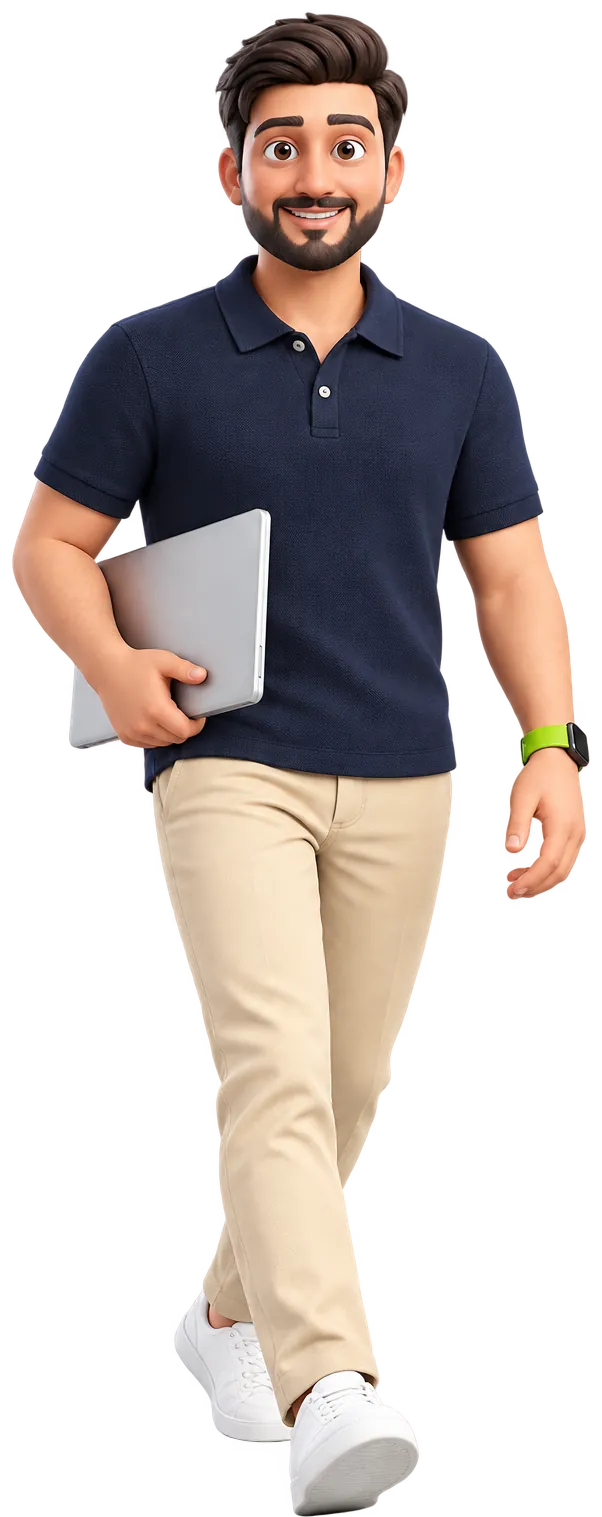 Haris Ali as a 3D character in a polo shirt, walking with a laptop