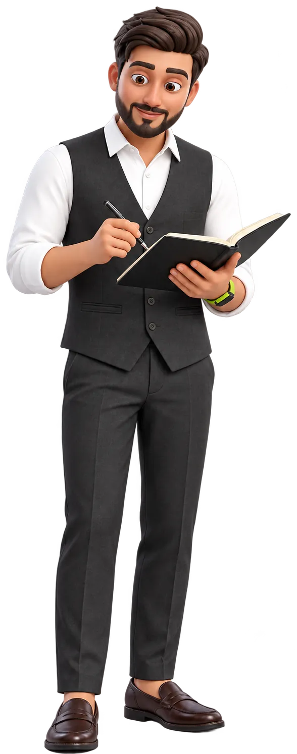 Haris Ali as a 3D character in a waistcoat, writing in a notebook