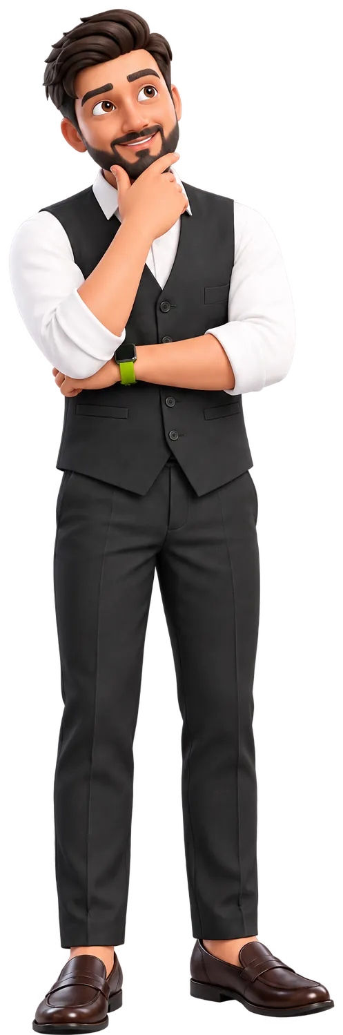 Haris Ali as a 3D character in a waistcoat, thinking with a hand on his chin